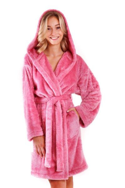 Krátký župan LILLY extra chlupatý s kapucí - Starorůžová, vel. L-XL, galerie